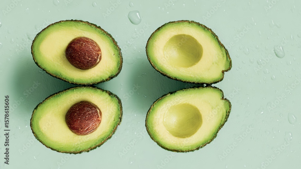 Poster mirrored avocado halves display on a clean background, showcasing unique texture and color