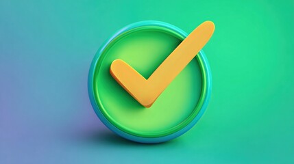 Orange check mark inside green circle on bright teal and blue gradient background.