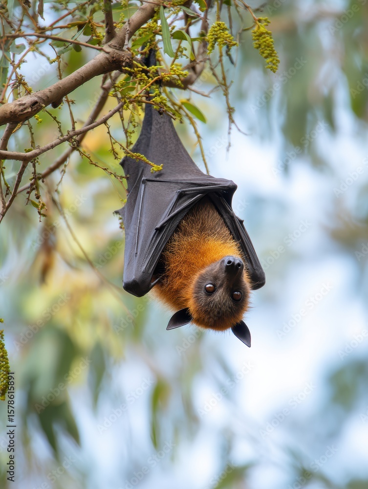 Poster flying fox rests upside down in tree during daylight with a soft haze in the background