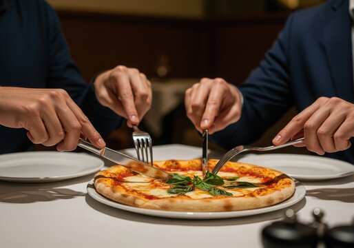 young people friends couple eating pizza in restaurant - Powered by Adobe