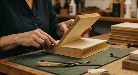 Engaging view of a bookbinder carefully repairing an antique book in their workshop, reflecting craftsmanship and heritage.