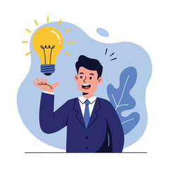Happy cartoon man showing bright idea