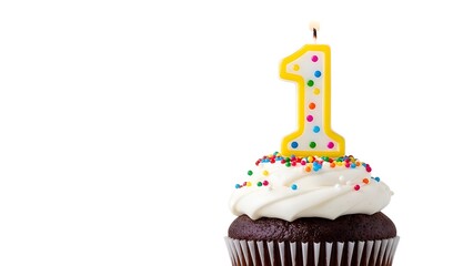 First birthday cupcake with candle number one celebration sweet treat dessert party isolated white background on transparent background