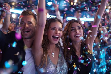 Excited friends celebrating together at a lively party with confetti in the air
