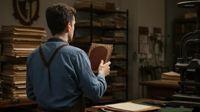 Male bookbinder in an apron holding a vintage ornate book. Young craftsman working in a traditional restoration workshop with old papers and a book press.
