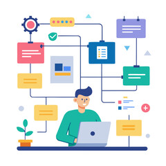 Flat Design Visual of Project Workflow with Task Cards, Flowchart, Team Management, and Agile Kanban Board for Business Use

