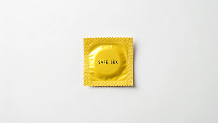 Sealed yellow condom packet on white setting for educational promotion and safe sex awareness.