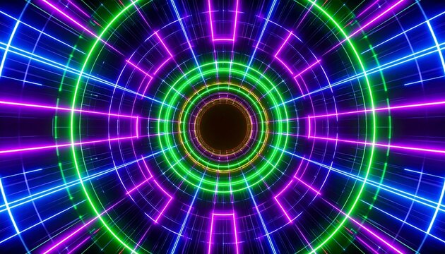 Neon tunnel, concentric circles, glowing lines
