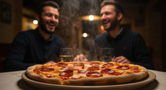 young people friends couple eating pizza in restaurant	