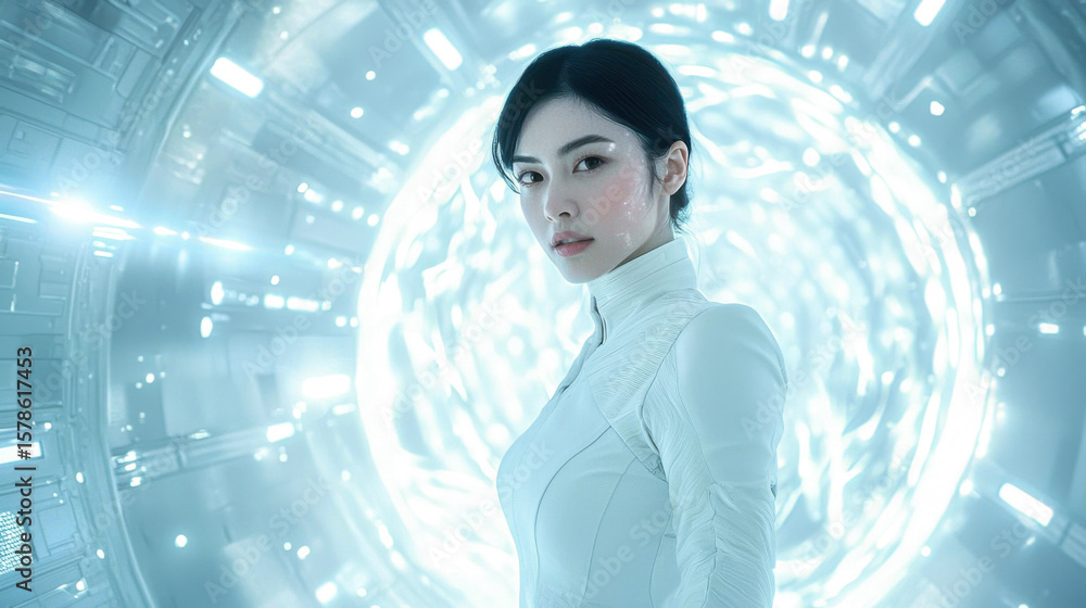 Poster futuristic figure in sleek outfit navigates a glowing portal in a sci-fi setting during an interdime