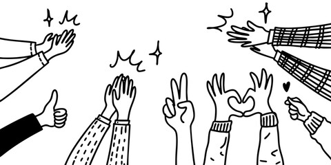doodle illustration of various cartoon hands making positive gestures such as clapping, thumbs up, peace sign, heart hands, and finger heart.