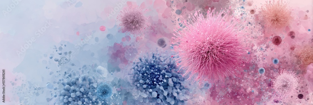 Poster illustration of an overworked immune system using soft digital colors and microbial forms to convey 