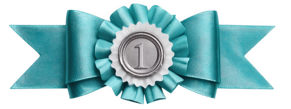 Blue ribbon award first place prize isolated on transparency background, symbolizing achievement, success, and excellence with elegant satin texture and metallic number one center