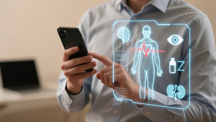 Person holding smartphone displaying futuristic medical health data interface image