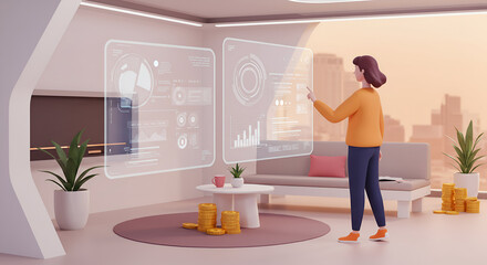 Woman interacts with financial data presented on digital screens in a futuristic living space, analyzing trends and investment portfolios.