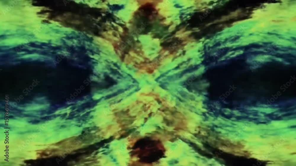 Poster abstract kaleidoscope animation of psychedelic forms with vibrant colors and textures.