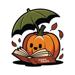 Cute pumpkin enjoying cozy tales under an umbrella amid falling leaves. Suitable for autumn themed designs, childrens book illustrations, and seasonal promotions.