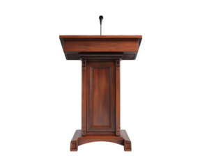 Wooden podium microphone isolated transparency background classic brown lectern for speech conference or presentation elegant design empty stage professional event communication concept