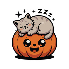 Fototapeta premium Cute grey cat sleeps on a grinning pumpkin. Halloween, animal, holiday, cozy, pet, festive, autumn, relaxation, feline, charming, farm.