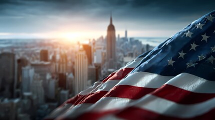American Flag with City Skyline at Sunset Over New York City