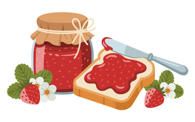 Jar of strawberry jam and slice of toast with jam and knife