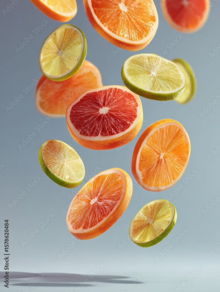 Poster floating slices of fruit defy gravity in a photorealistic display against a minimal background