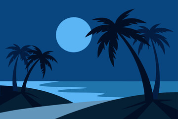 palm lined beach with shadows dancing in moonlig