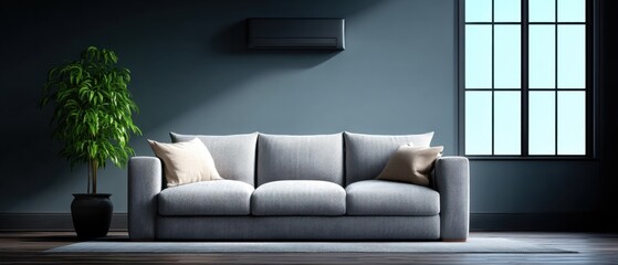 Modern Relaxing Living Room Space with Grey Sofa and Large Window in Contemporary Design