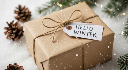 Brown gift box with a hello winter tag on snowy background. Christmas or new year present with pine cones and fir branches. Great for greeting card.