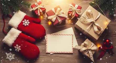 Red mittens with snowflake design, gifts, and a blank Christmas letter on a wooden table, concept for winter holiday.