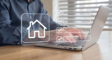 Online Property Checklist: Man Completing Home Inspection Form on Laptop, Real Estate and Home Buying Concept Illustration