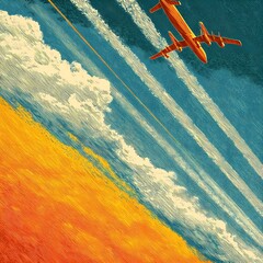 Airplane Flying Above Colorful Sunset with Vivid Cloud Patterns