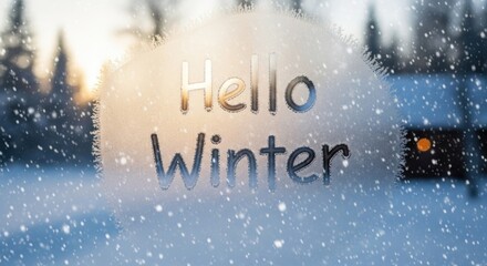Hello Winter text on a frosted window pane with falling snow and a cozy bokeh background, symbolizing the start of winter holiday season.