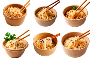 Set of cooked noodles in bowls with chopsticks isolated on a transparent background for food and cuisine concept