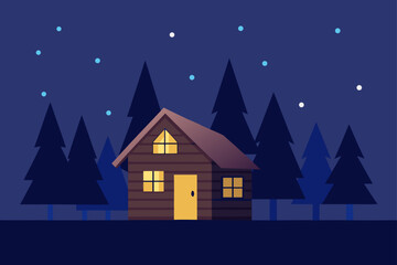 wooden house deep in the forest under stars