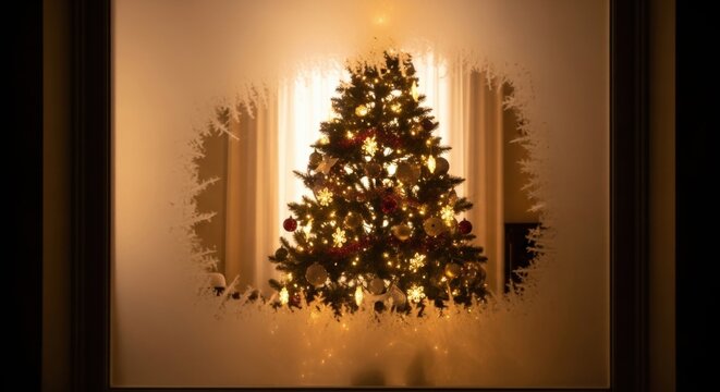 Illuminated Christmas tree visible through a frosty window, evoking winter holiday cheer and festive celebration.