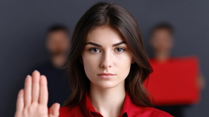 Confident Woman in Tailored Blazer Raising Hand for Professional Assertion and Communication