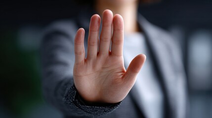 Confident Woman in Tailored Blazer Raising Hand for Emphasis in Professional Environment