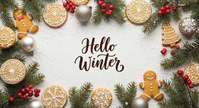 Christmas gingerbread cookie and a fir branch frame. Holiday winter greeting with text hello winter. New Year's eve concept.
