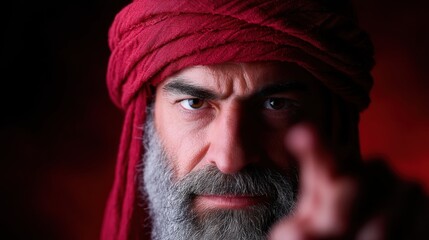 Intense Biblical Character with Red Headscarf and Beard in Dramatic Close-Up Portrait