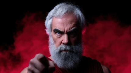 Commanding Elderly Man in Traditional Attire with Intense Expression Against Dramatic Background
