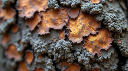 Close-up of Orange and Gray Lichen on Tree Bark in Natural Environment