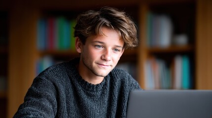 Young Teacher Conducts Engaging Online Class from Cozy Home Setting with a Laptop