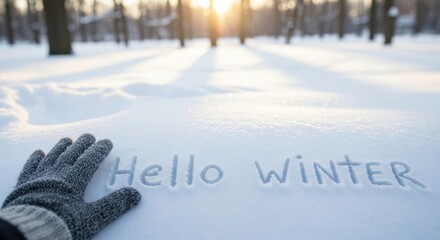 A person in a gray glove writes the words hello winter in white snow on a sunny day in a winter forest.