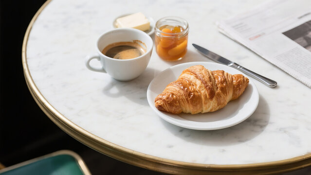 Parisian breakfast flat lay with a fresh croissant, caf&eacute; au lait, and jam on a classic white marble bistro table.