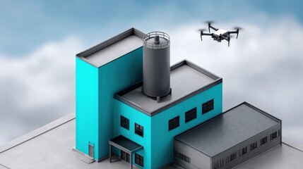 Isometric 3D Rendering of a Building with Drone Flying Overhead for Agricultural Use