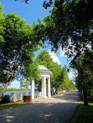 Volga river embankment with a rotunda on a sunny day in Dubna, Moscow Region, Russia