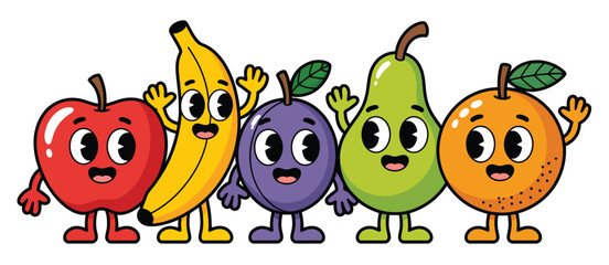 Five happy cartoon fruits waving hello on a white background