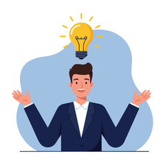 Cartoon man presenting idea with both hands