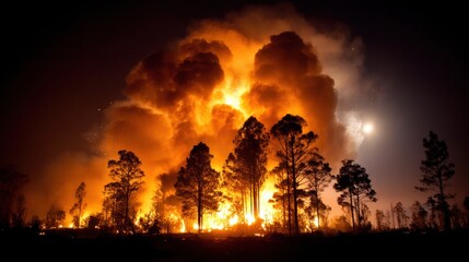 Majestic Night View of Wildfire Illuminating the Forest with Vibrant Flames and Smoke Clouds